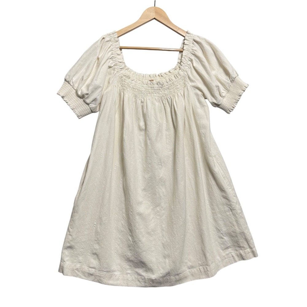 Free People Mila Mini Dress Womens Large Ivory White NWT Smocked Puff Sleeve - Picture 5 of 11